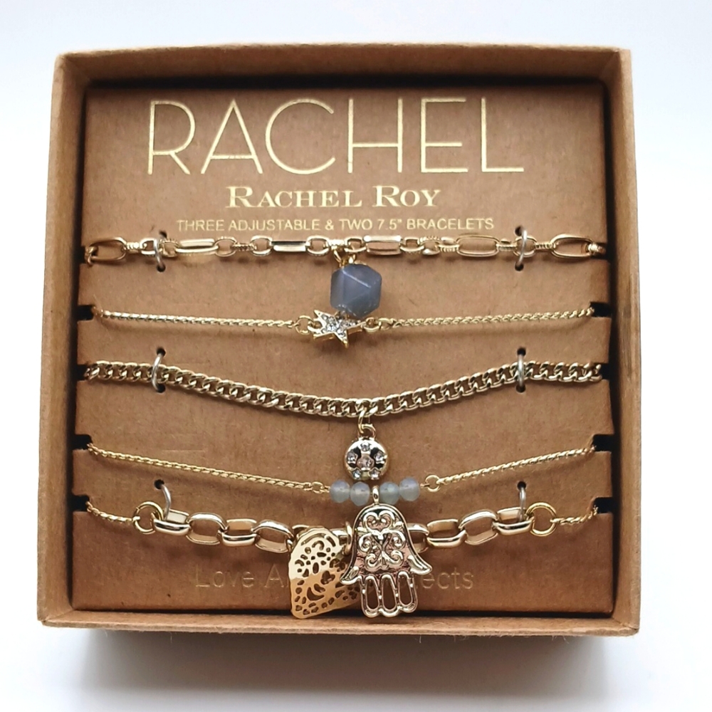 Rachel Roy 5 Piece Bracelet Beaded Gold Tone Charms Paperclip Chain NEW IN BOX